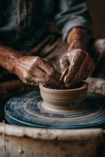 Crafting clay on a pottery wheel during a pottery session in a workshop in the afternoon