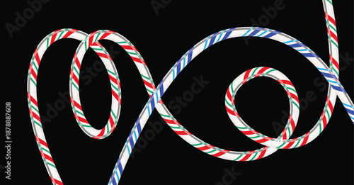 Abstract design of intertwined candy cane patterned ropes creating festive loops
