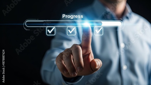 Businessman interacting with futuristic progress bar interface