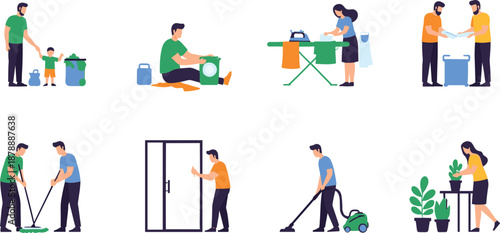 Household Chores and Recycling Activities Illustration Set with People Cleaning, Sorting Waste, Ironing Clothes, Gardening, and Home Maintenance Tasks