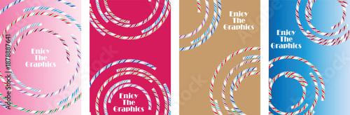 Colorful swirling stripes and playful candy cane patterns create vibrant graphic backgrounds