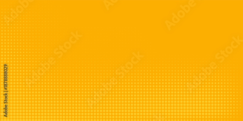Yellow halftone pattern. Retro comic gradient background. Bright orange pixelated dotted texture overlay. Vector backdrop for poster, banner, advertisement