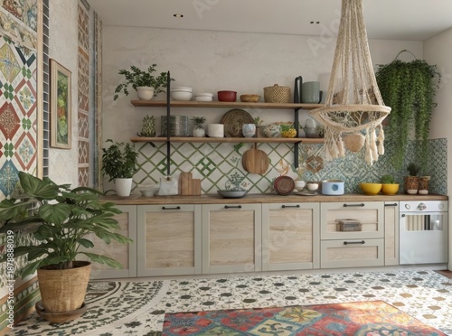 Bohemian Chic Kitchen Interior with Patterned Tiles and Natural Elements