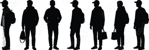 Set of black silhouettes of men in casual clothing with backpacks and bags standing in various poses isolated on a white background for architectural visualization