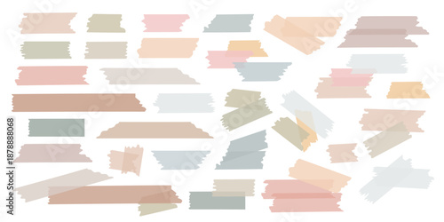 Set of washi tape strips in neutral pastel tones aesthetic collection, parts of scotch semi-transparent textures and torn edges, perfect for digital scrapbooking, planner stickers, minimal DIY design