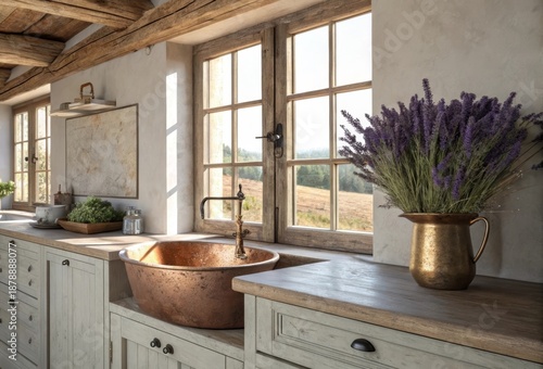 Charming French Country Kitchen Featuring a Copper Sink and Window View
