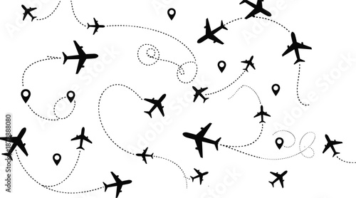 Vector set of flying airplane silhouettes with dotted flight path lines and location pins for travel tourism design elements