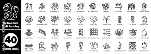 Hydroponic fruit farming line icon set collection for indoor agriculture plant Vector Illustrator.