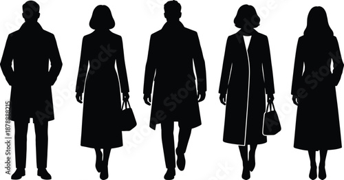 Set of elegant black silhouettes featuring professional men and women wearing long formal trench coats and winter overcoats walking and standing on white background