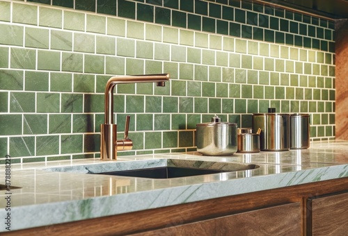 Luxurious Modern Kitchen Sink with Copper Faucet and Green Tiled Backsplash