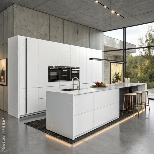 Sleek handleless white kitchen island with integrated appliances and panoramic window view