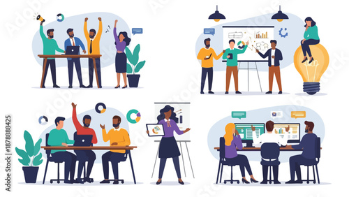 Set of 4 Business Team Collaboration and Presentation Vector Illustrations