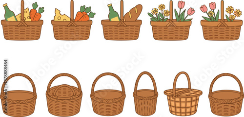 Set of wicker basket vector illustrations featuring empty hampers, picnic baskets with food, wine, cheese, and baskets filled with spring tulips and flowers.