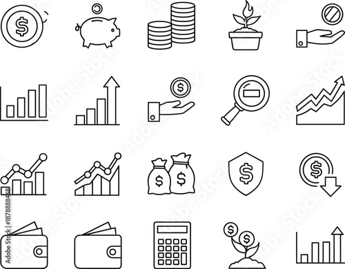 Financial growth and investment line icon set featuring piggy bank charts and money bags for business banking design elements