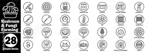 Mushroom and fungi farming cultivation process and laboratory equipment icon set Vector Illustrator.