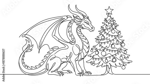 One Line Dragon Christmas Tree Minimalist Illustration