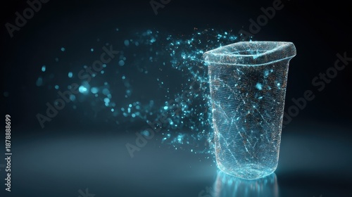 Virtual trash bin with particles floating away in a dark background during digital representation