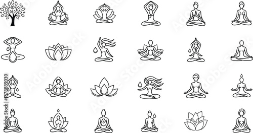 Yoga and meditation line icon set featuring women in lotus poses and spiritual symbols for health and wellness design elements