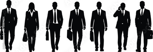 Black silhouette business people walking in suits with briefcases set icons including professional men and women managers corporate group for office work design isolated
