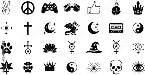 Vector collection of cool black silhouette icons featuring peace sign dragon skull and retro objects for trendy sticker design