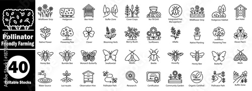 Pollinator friendly farming icon set for ecological agriculture and bee conservation Vector Illustrator.