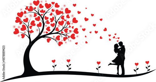 Vector silhouette of romantic couple hugging under tree with red heart shaped leaves blowing in wind for valentine day design