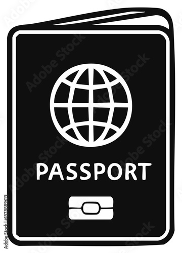 Black and white icon of a passport with a globe symbol and visa stamp graphic