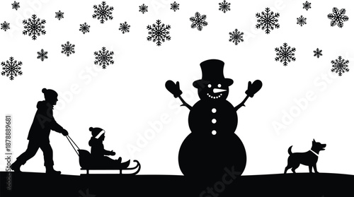 Winter family silhouette scene with snowman snowflakes child on sled and dog, festive holiday outdoor illustration, black vector design