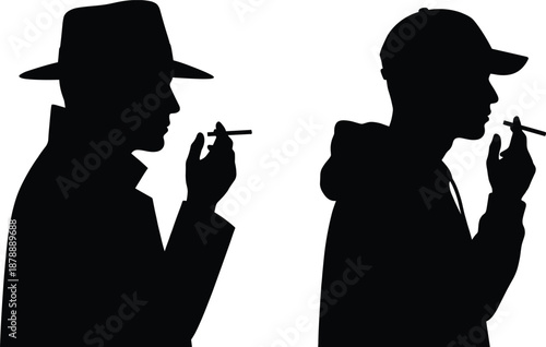 Side profile silhouette of two men smoking cigarettes wearing a fedora hat and baseball cap representing noir detective style and modern urban street fashion