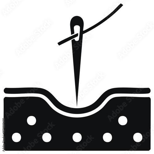 Vector icon of a needle and thread suturing skin or sewing fabric
