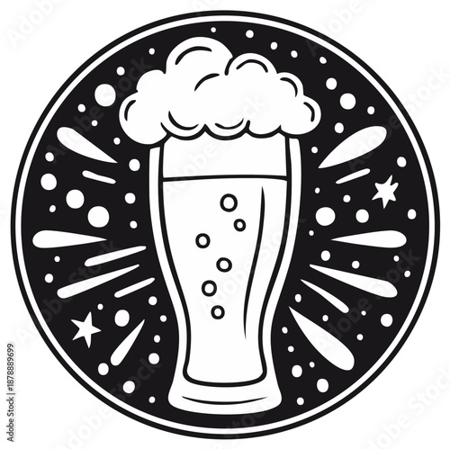 Frothy Beer Glass Icon with Sparkling Star Burst for Craft Beer Celebrations