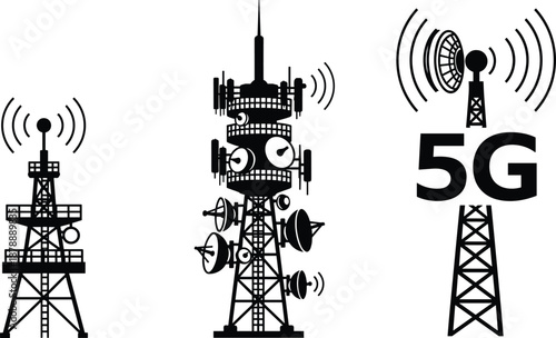 Wireless communication towers silhouettes set, 5G cellular network antennas, telecom infrastructure black vector illustration for technology, connectivity, signal transmission design
