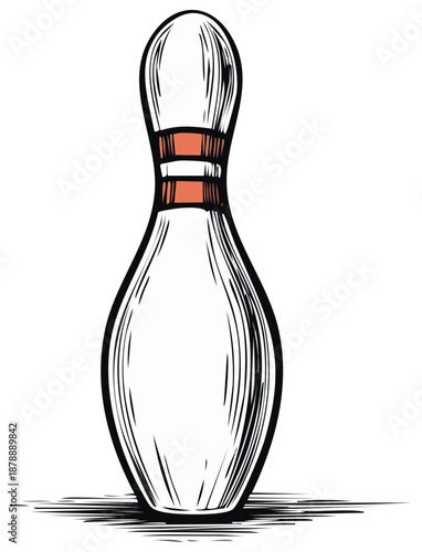 Stylized bowling pin drawing with dark outline and orange band on the neck, bowling equipment sketch