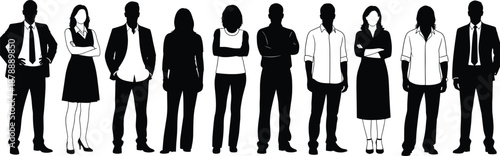 Black silhouette professional business people standing in line set including men and women managers corporate team for office work and human resources design isolated