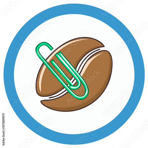 Coffee Bean with Green Paperclip Attached Inside Blue Circle Icon Design