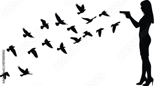 Woman aiming gun at flying birds silhouettes illustration, abstract danger freedom conflict concept vector design for dramatic symbolism art, black figures isolated on white
