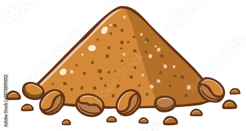 Illustrated brown coffee grounds pyramid with whole coffee beans scattered around