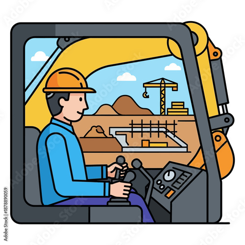 Construction worker operating an excavator in a cab, viewing a building site with groundwork, foundations, and a crane, representing heavy machinery use in civil engineering