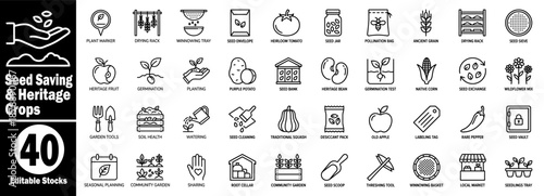Heirloom seed saving processes and tools line icon set for agricultural biodiversity Vector Illustrator.