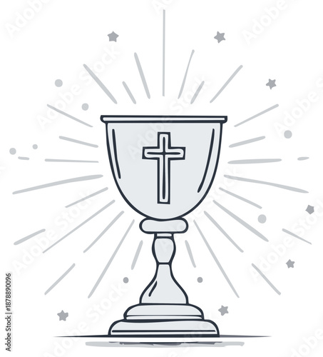 Sacred chalice with cross symbol radiating holy light and small stars