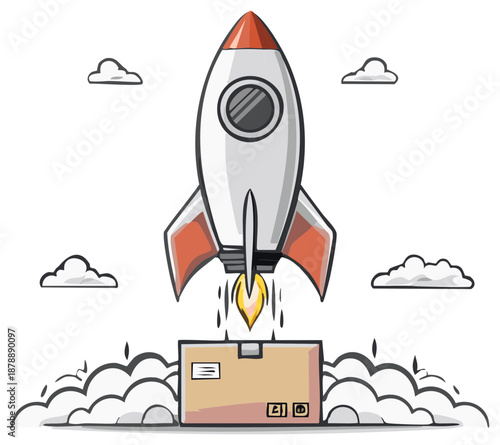Cartoon rocket launches from shipping box with fiery exhaust and clouds