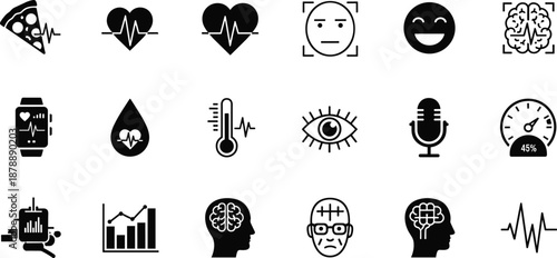 Vector icon set of health monitoring and biometrics featuring heart rate brain scan and smart device symbols for app design elements