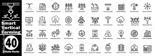 Advanced smart vertical farming systems and agricultural technology outline icons Vector Illustrator.