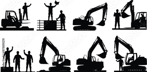 Black silhouette set of construction site activities featuring heavy excavators, forklift operators, and engineers supervising industrial building projects isolated on a white background