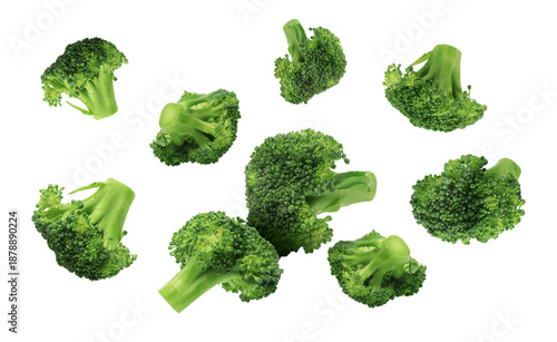Green Broccoli Florets in Floating Composition for Cooking and Food Design on transparent background png