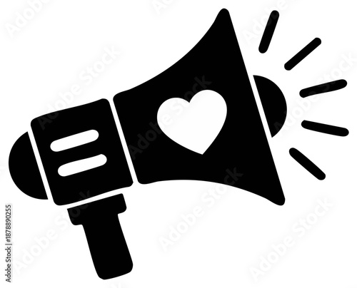 Black megaphone icon with a heart symbol and radiating sound waves