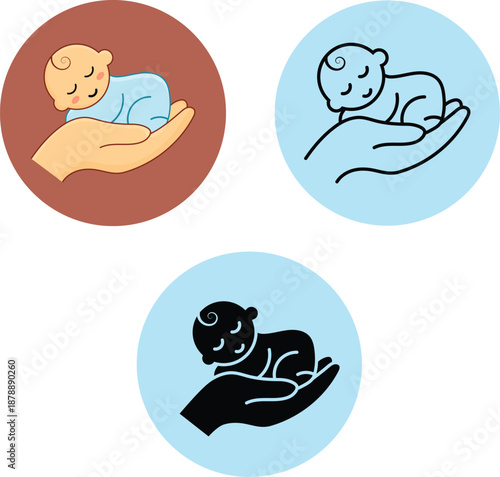 Icon of a baby peacefully sleeping on a gentle hand, symbolizing care, protection, and new beginnings