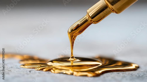 Wallpaper Mural 367Close-up of metallic bottle tip with thick golden liquid cascading down onto white background, smooth flowing stream and reflective pool, viscous liquid properties emphasized Torontodigital.ca