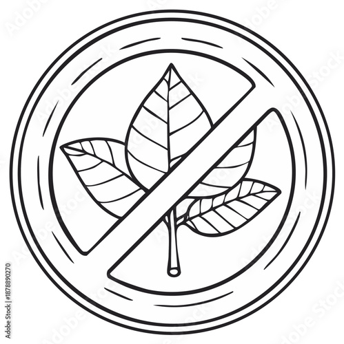 Hand drawn vector icon of a no plants sign with crossed out leaves. Prohibition symbol line art