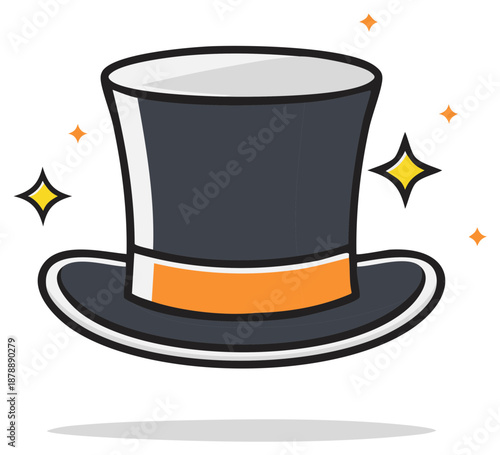 Classic black top hat with orange ribbon and sparkling magical stars